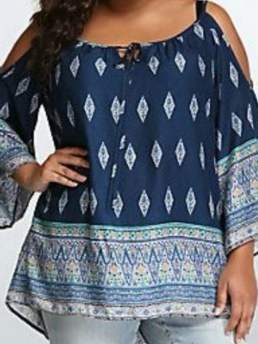 torrid Navy Cold-Shoulder Diamond Print Peasant Top Size 2 (18/20)